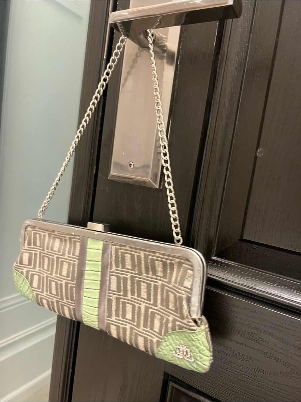 Jennifer Lopez Beige Geometric Clutch with Green Accents